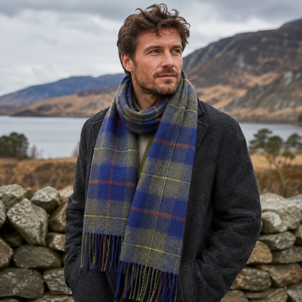 John Hanly Scarf Blue Green Yellow Plaid Woven Fringed Merino Wool Scotland